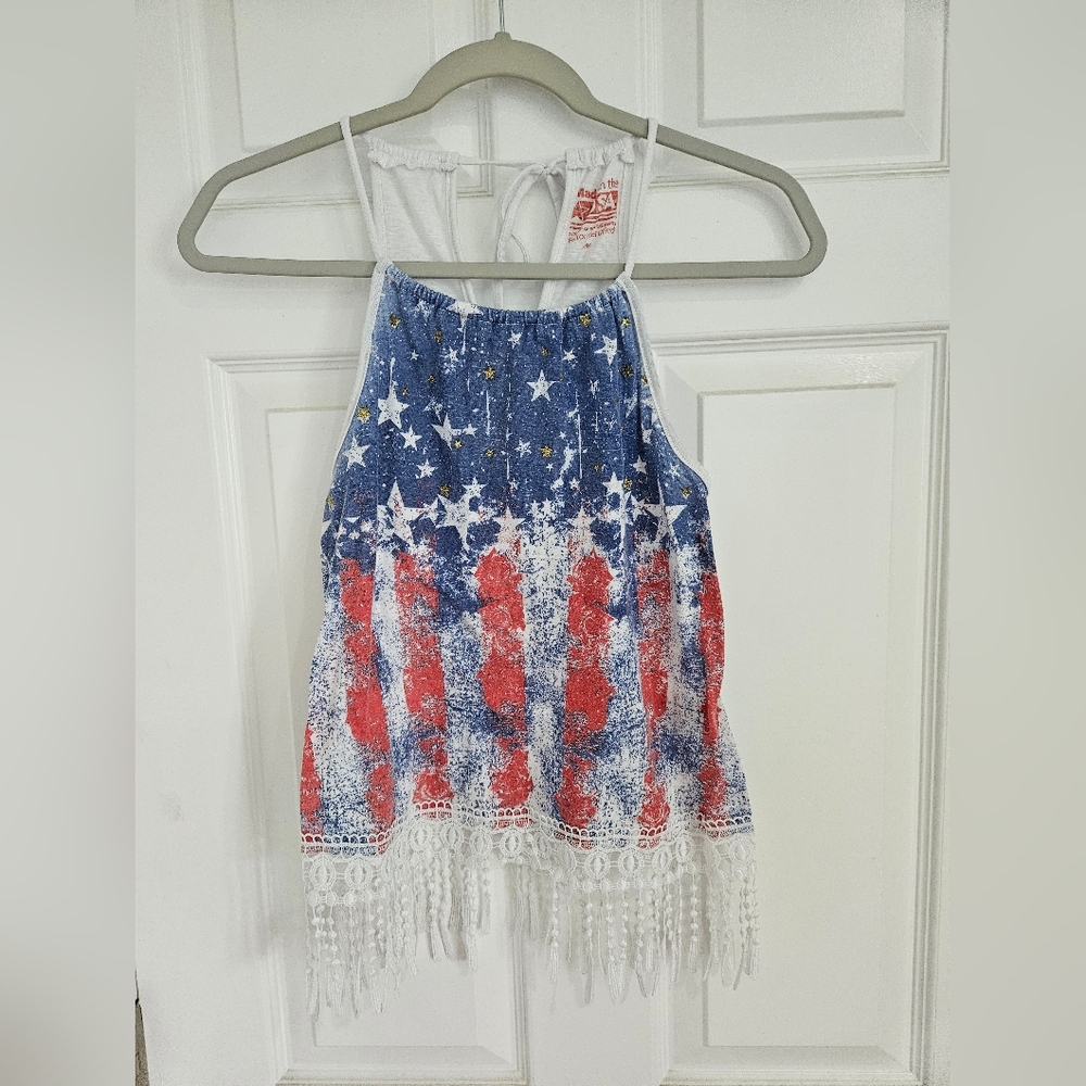 Patriotic Flag Fringe Tank Top Womens XS